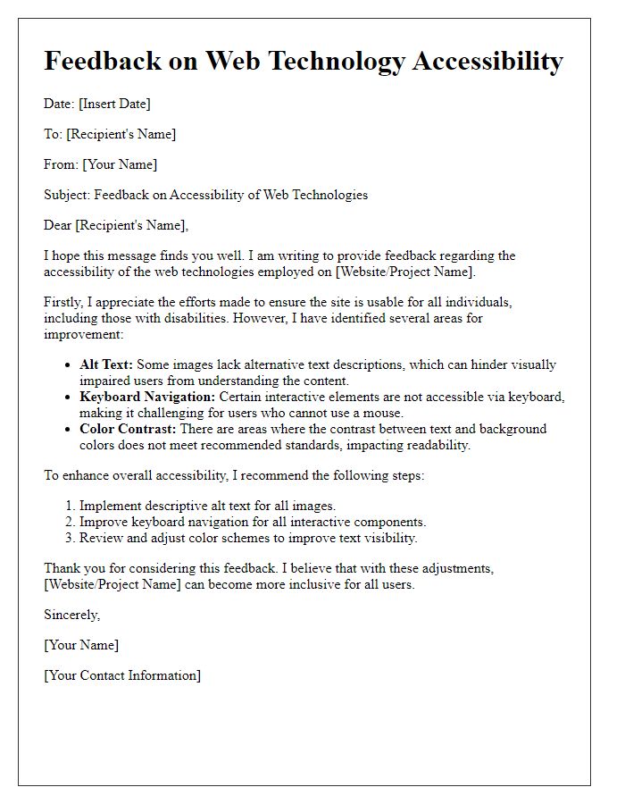 Letter template of feedback on web technology accessibility