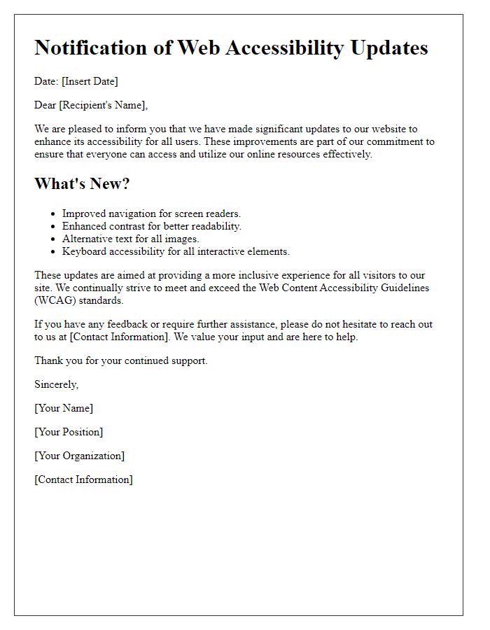 Letter template of notification regarding web accessibility updates