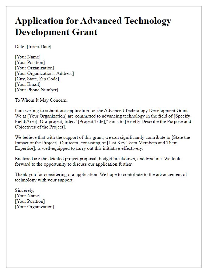 Letter template of application for advanced technology development grant