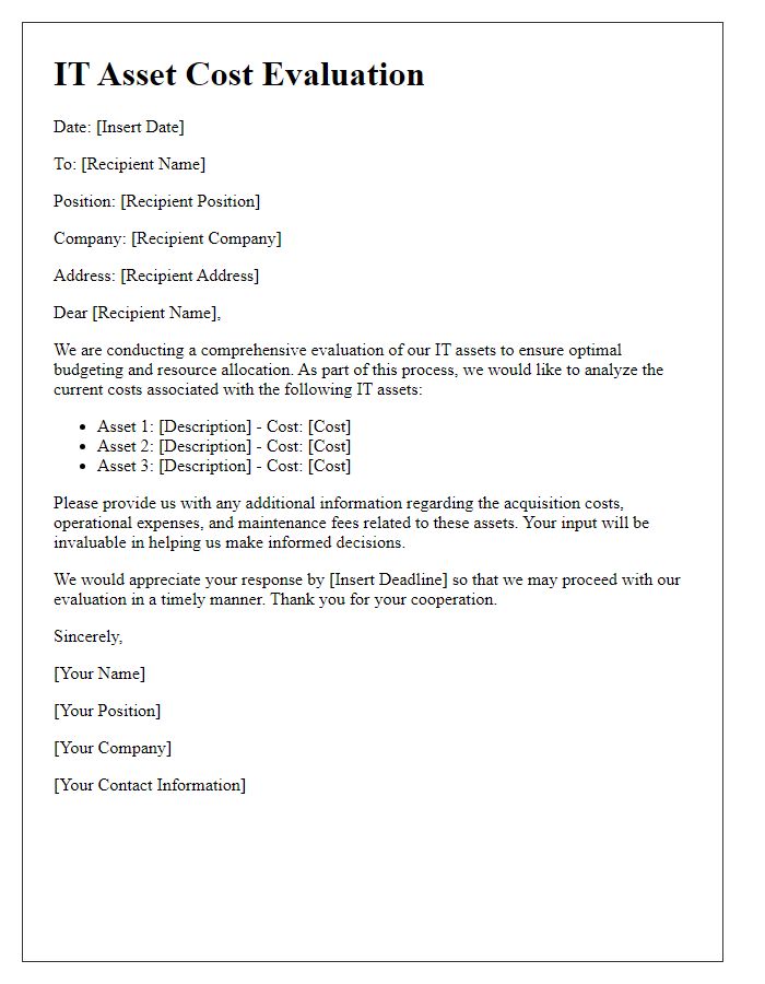 Letter template of IT asset cost evaluation