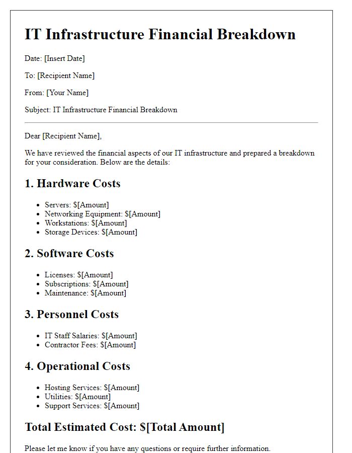 Letter template of IT infrastructure financial breakdown