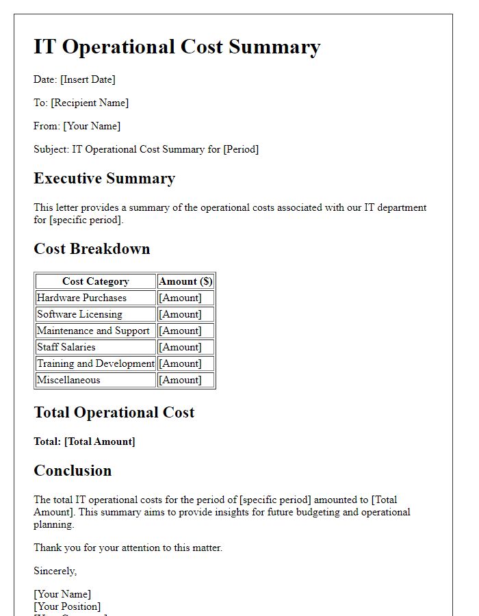 Letter template of IT operational cost summary