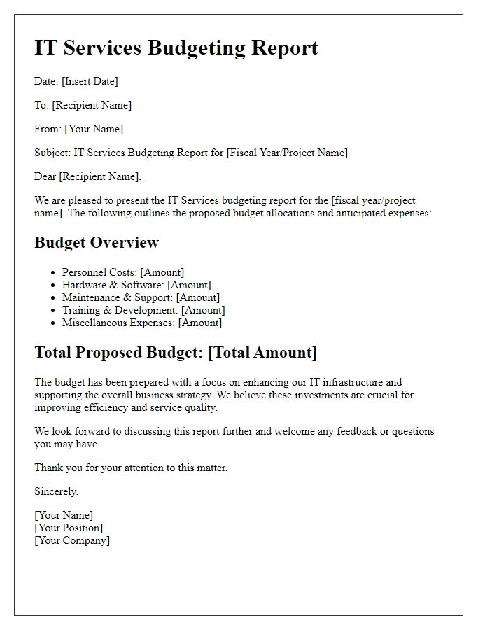 Letter template of IT services budgeting report