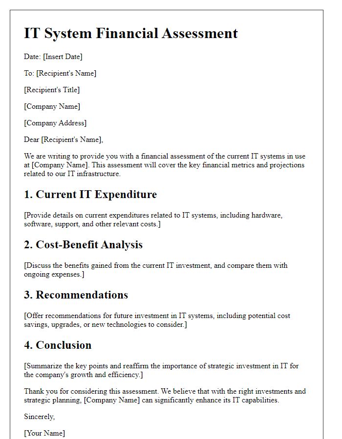 Letter template of IT system financial assessment