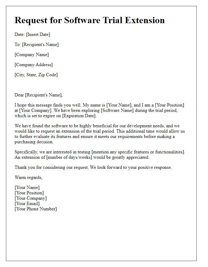 Letter template of software trial extension request for developers.