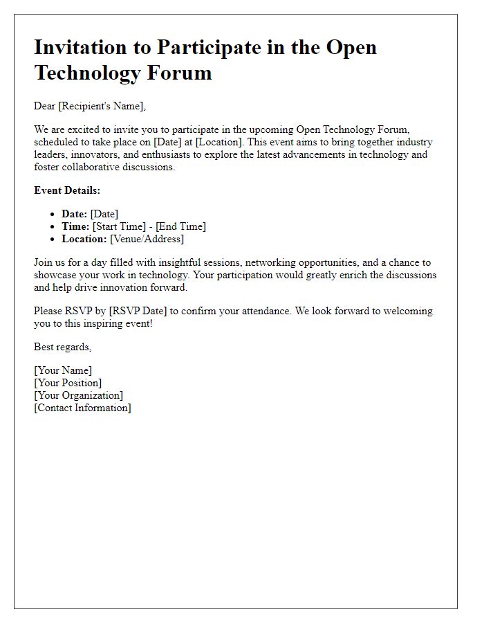 Letter template of invitation for open technology forum participation