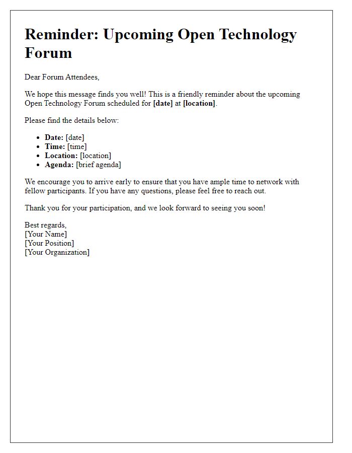 Letter template of reminder for open technology forum attendees