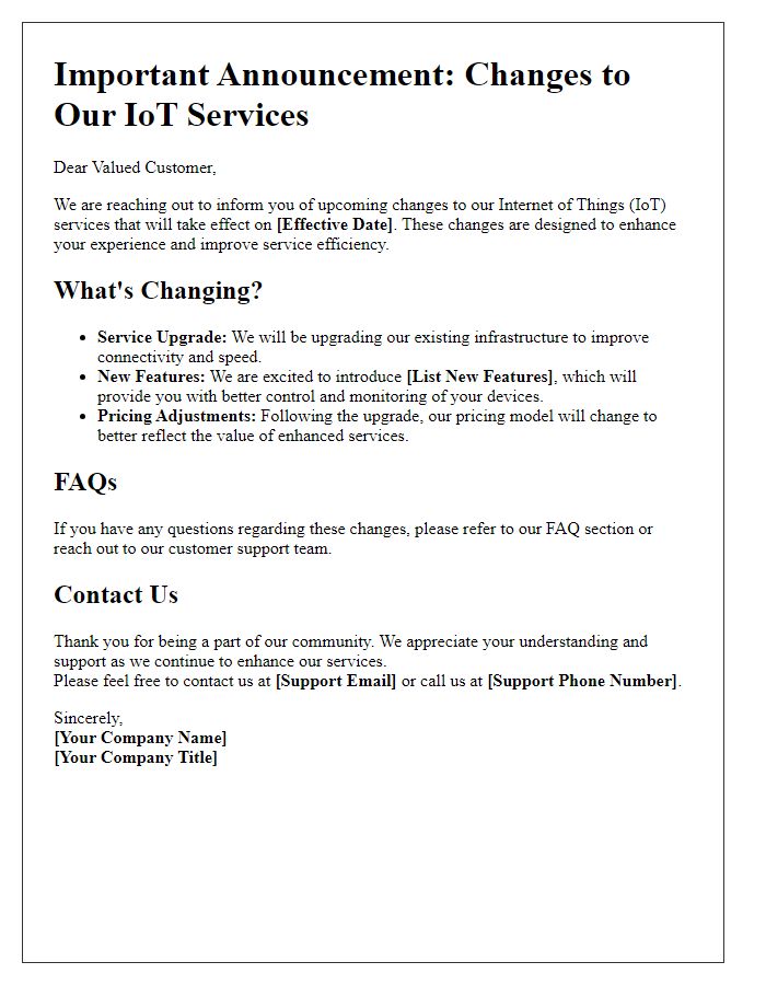 Letter template of Internet of Things service change announcement