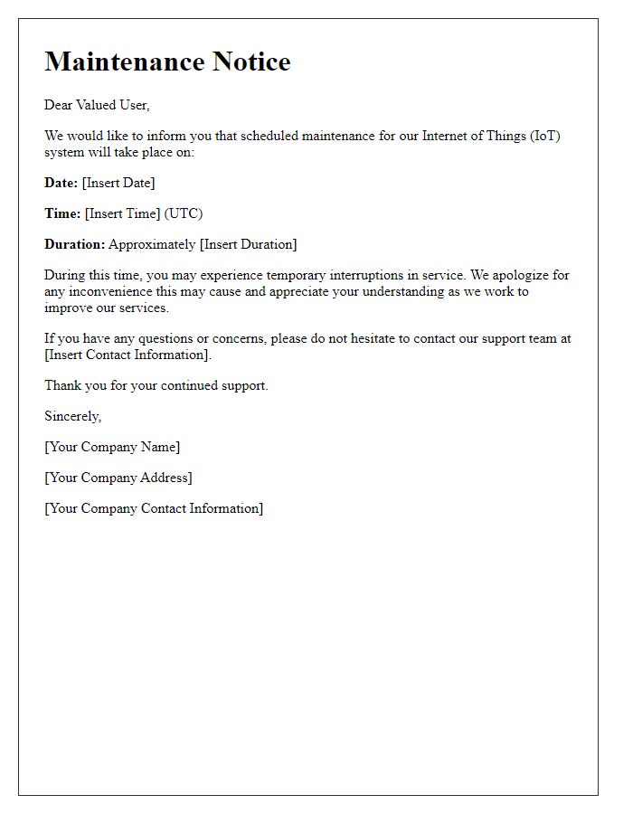 Letter template of Internet of Things system maintenance notice