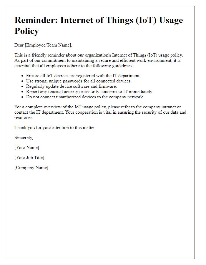 Letter template of Internet of Things usage policy reminder