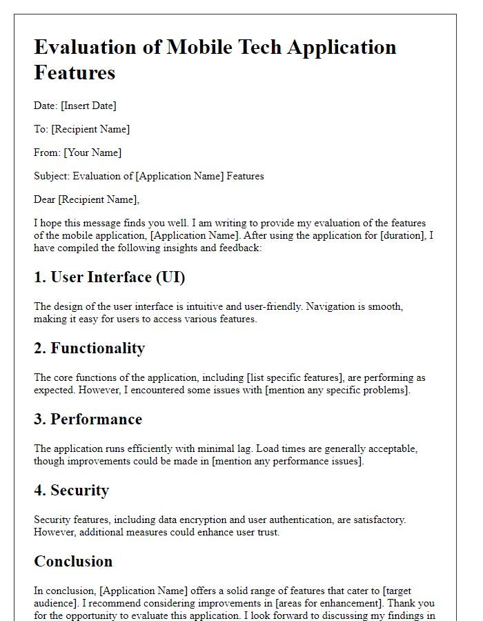 Letter template of mobile tech application features evaluation