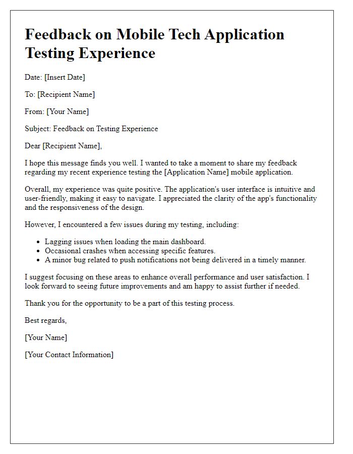 Letter template of mobile tech application testing experience feedback