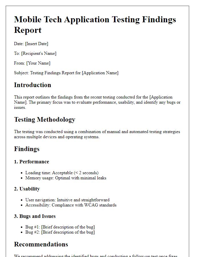 Letter template of mobile tech application testing findings report