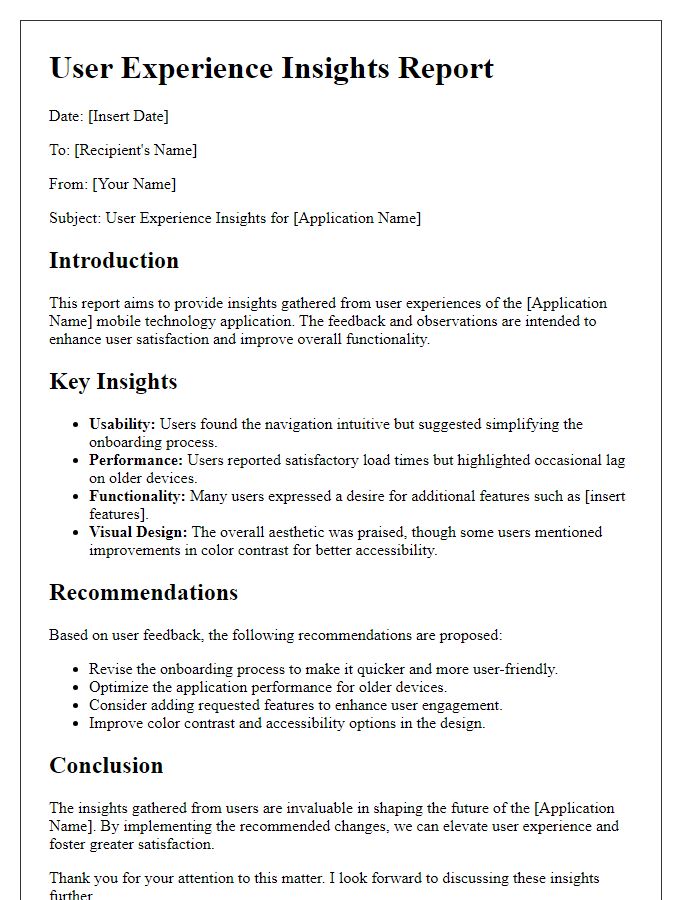 Letter template of mobile tech application user experience insights