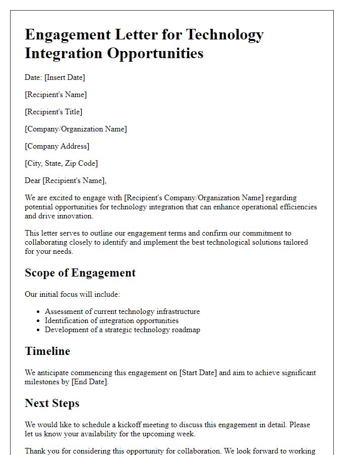 Letter template of engagement for technology integration opportunities