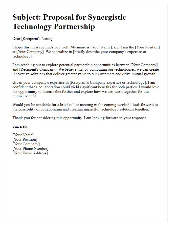 Letter template of outreach for synergistic technology partnerships