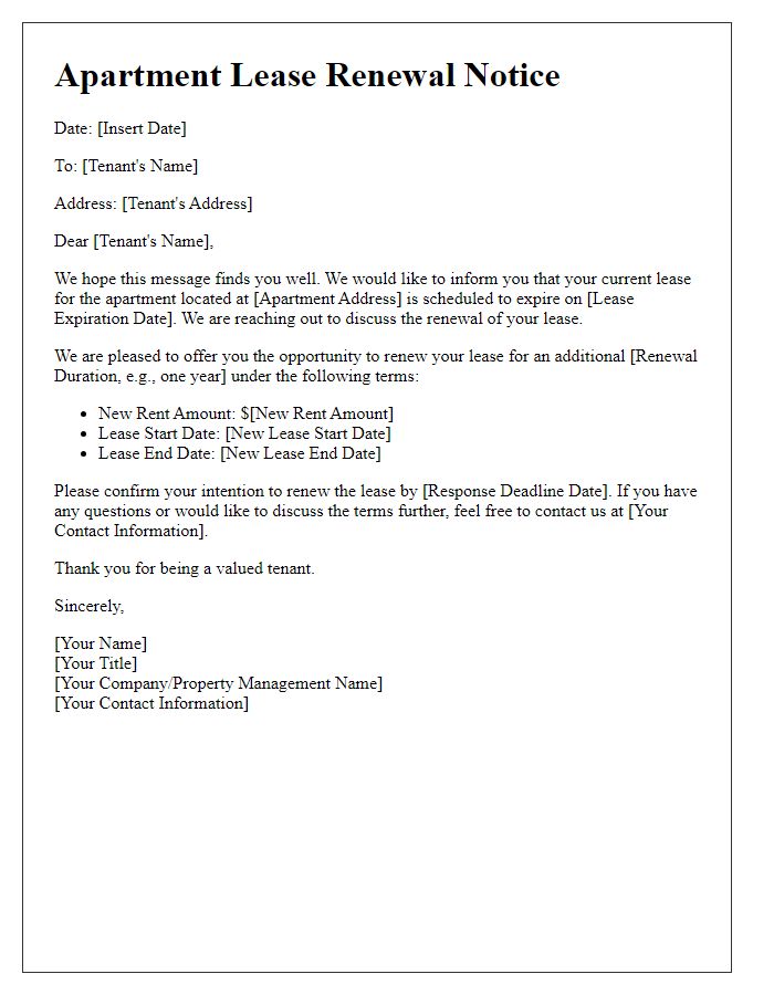 Letter template of apartment lease renewal notice.