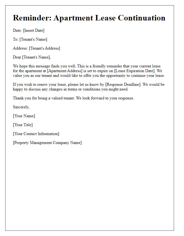 Letter template of reminder for apartment lease continuation.