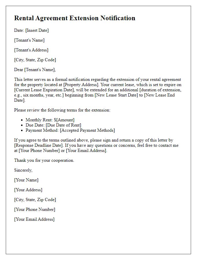 Letter template of rental agreement extension notification.