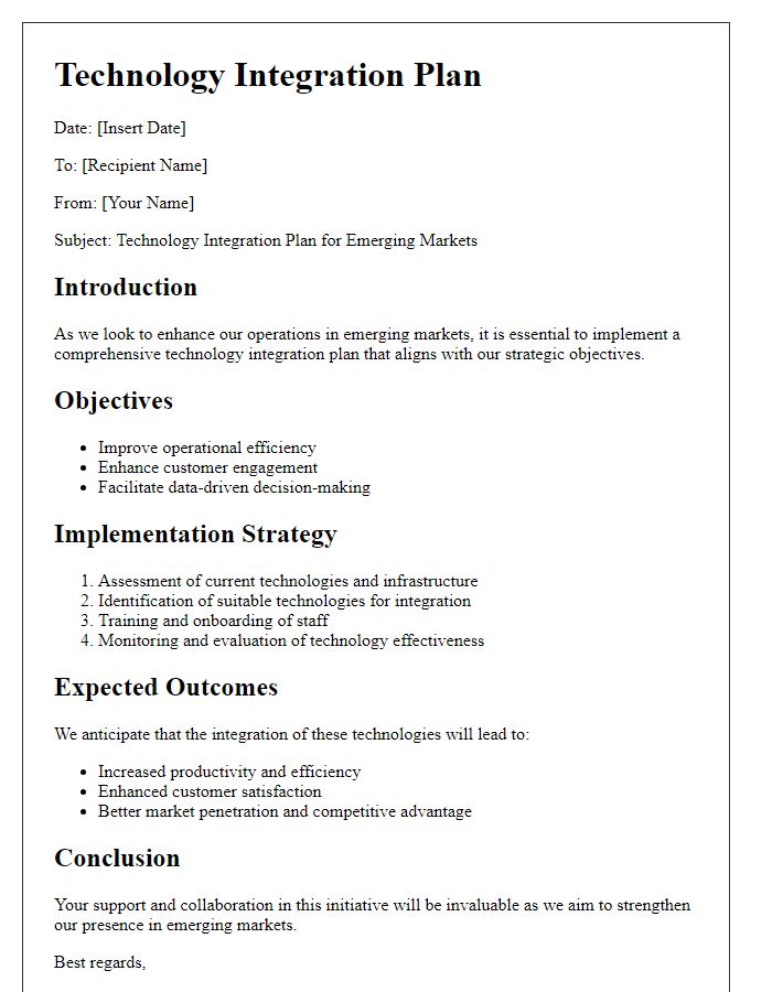 Letter template of technology integration plan in emerging markets sectors.