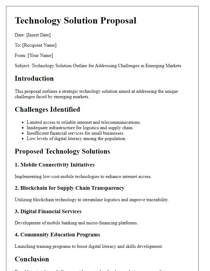 Letter template of technology solution outline for emerging markets challenges.