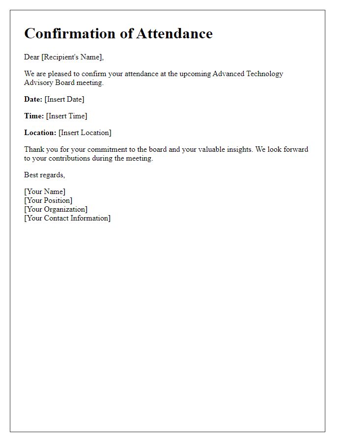 Letter template of confirmation for advanced technology advisory board meeting attendance