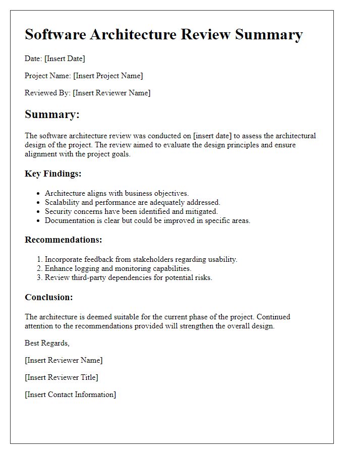 Letter template of software architecture review summary