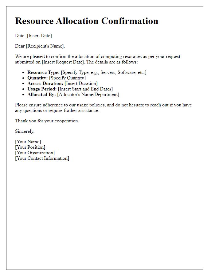 Letter template of computing resources allocation confirmation