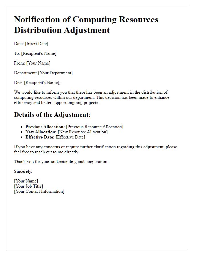 Letter template of computing resources distribution adjustment notification