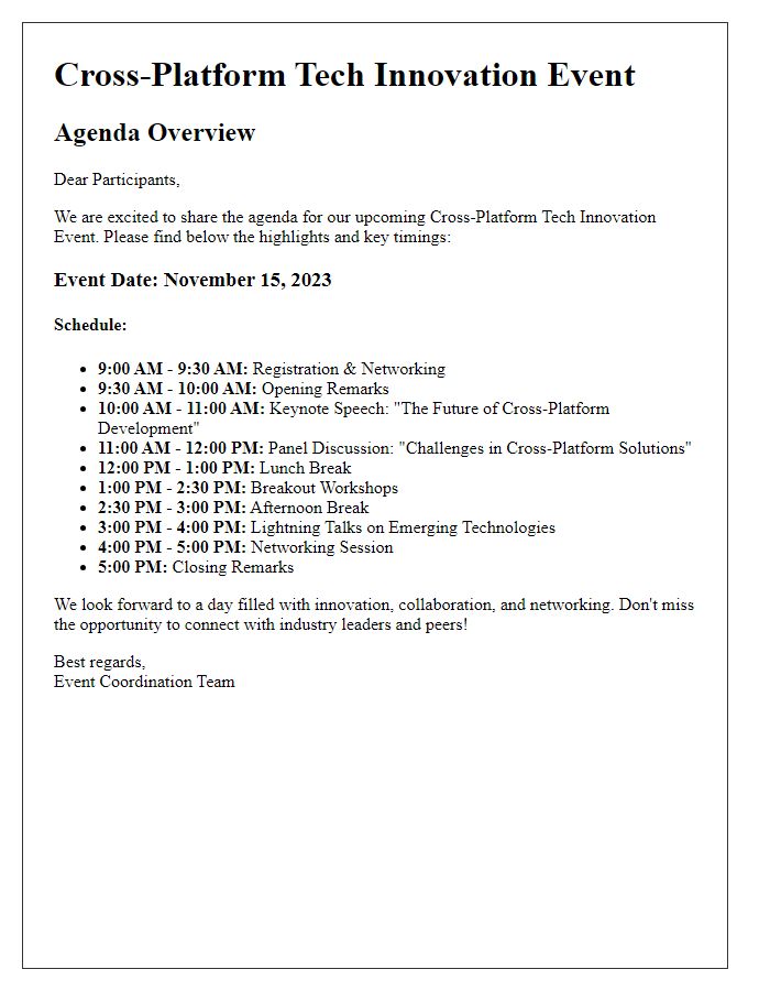 Letter template of Agenda Overview for Cross-Platform Tech Innovation Event