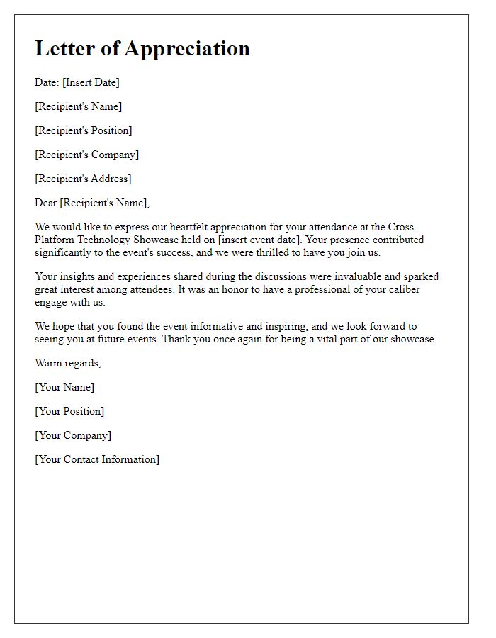 Letter template of Appreciation for Attendance at Cross-Platform Technology Showcase