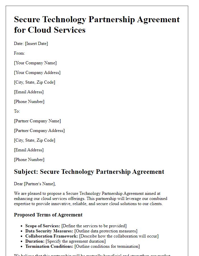 Letter template of secure technology partnership agreement for cloud services.