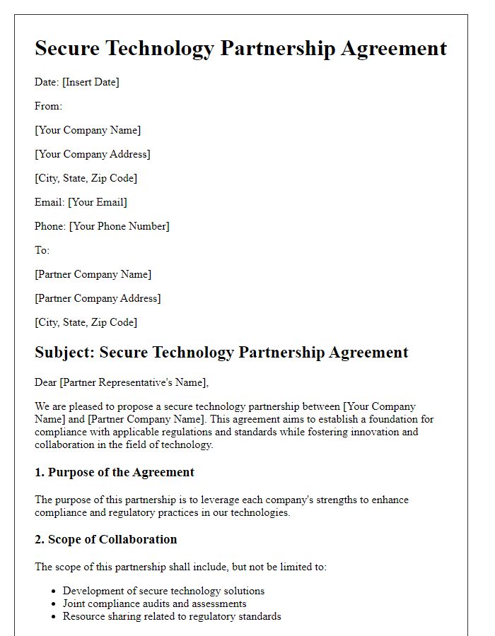 Letter template of secure technology partnership agreement for compliance and regulations.