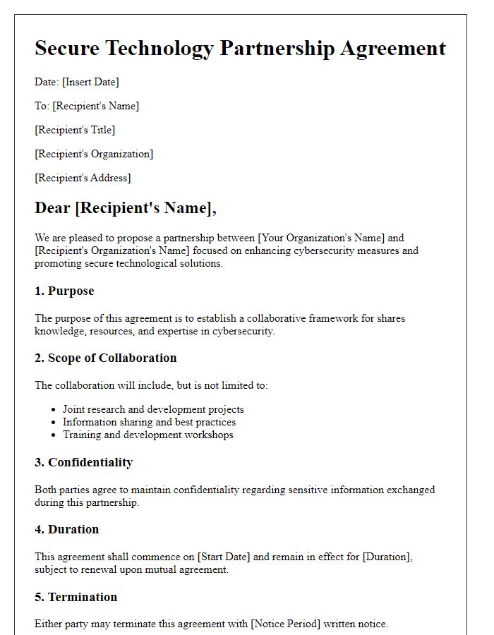 Letter template of secure technology partnership agreement for cybersecurity collaboration.