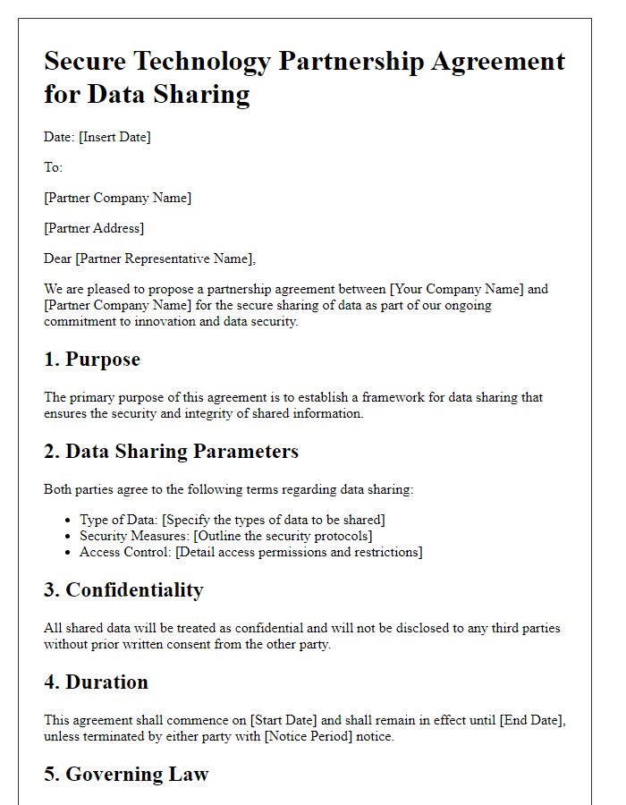 Letter template of secure technology partnership agreement for data sharing.