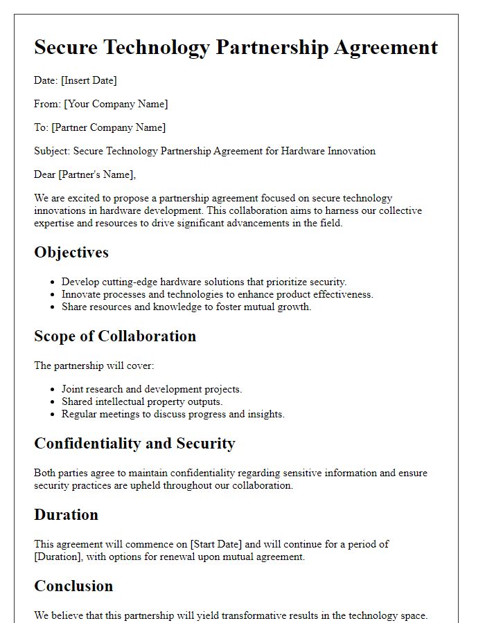 Letter template of secure technology partnership agreement for hardware innovation.