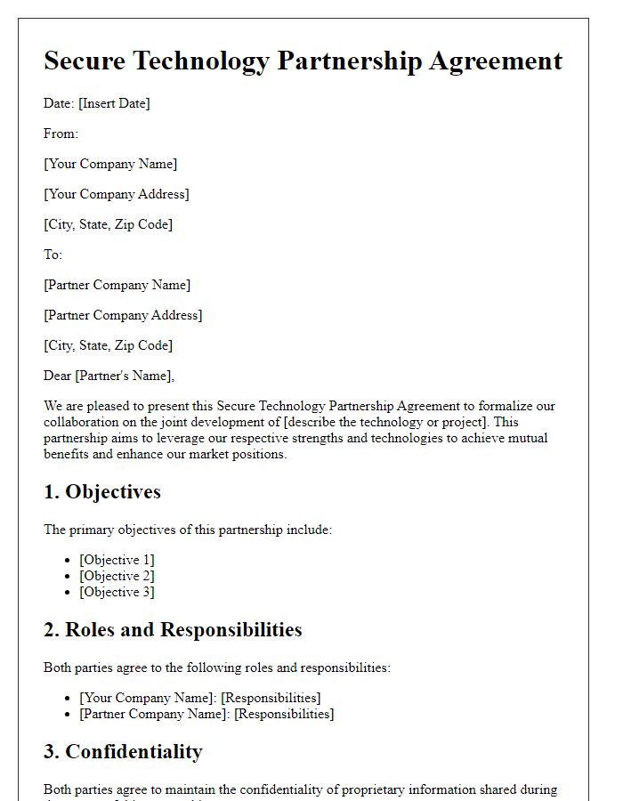 Letter template of secure technology partnership agreement for joint development.