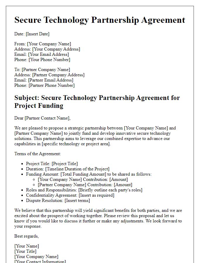 Letter template of secure technology partnership agreement for project funding.