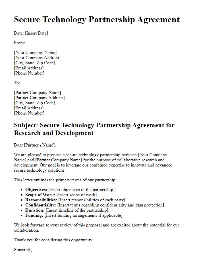 Letter template of secure technology partnership agreement for research and development.