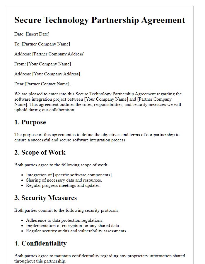 Letter template of secure technology partnership agreement for software integration.