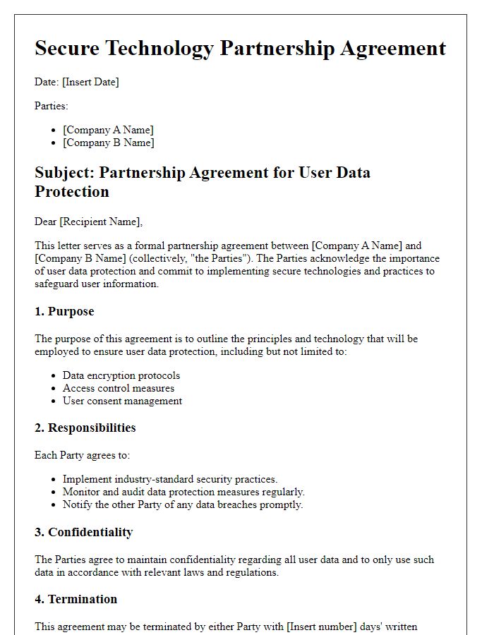 Letter template of secure technology partnership agreement for user data protection.