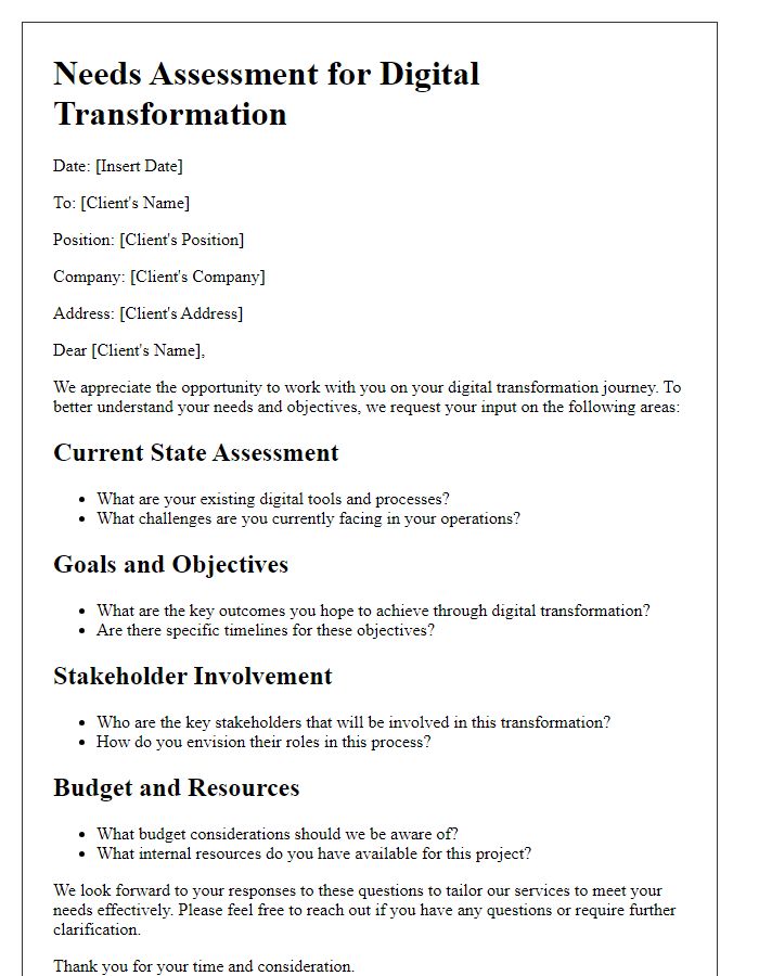 Letter template of digital transformation consultancy needs assessment