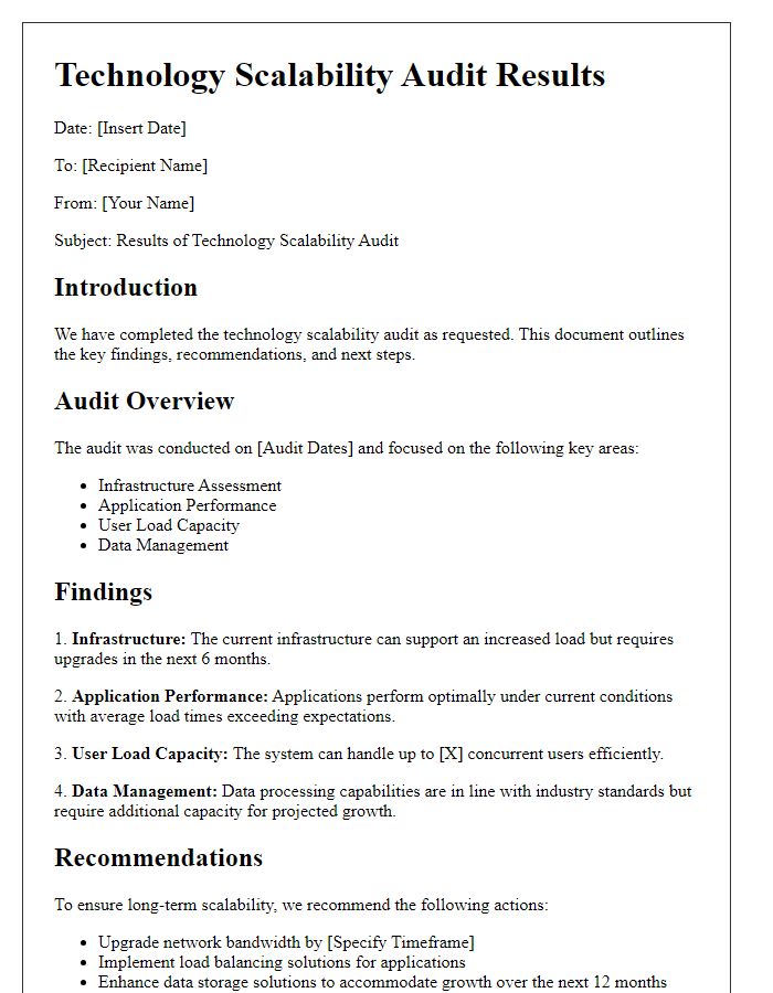 Letter template of technology scalability audit results