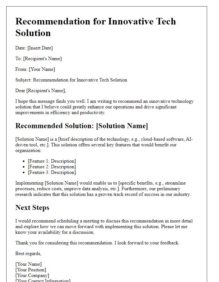 Letter template of innovative tech solution recommendation