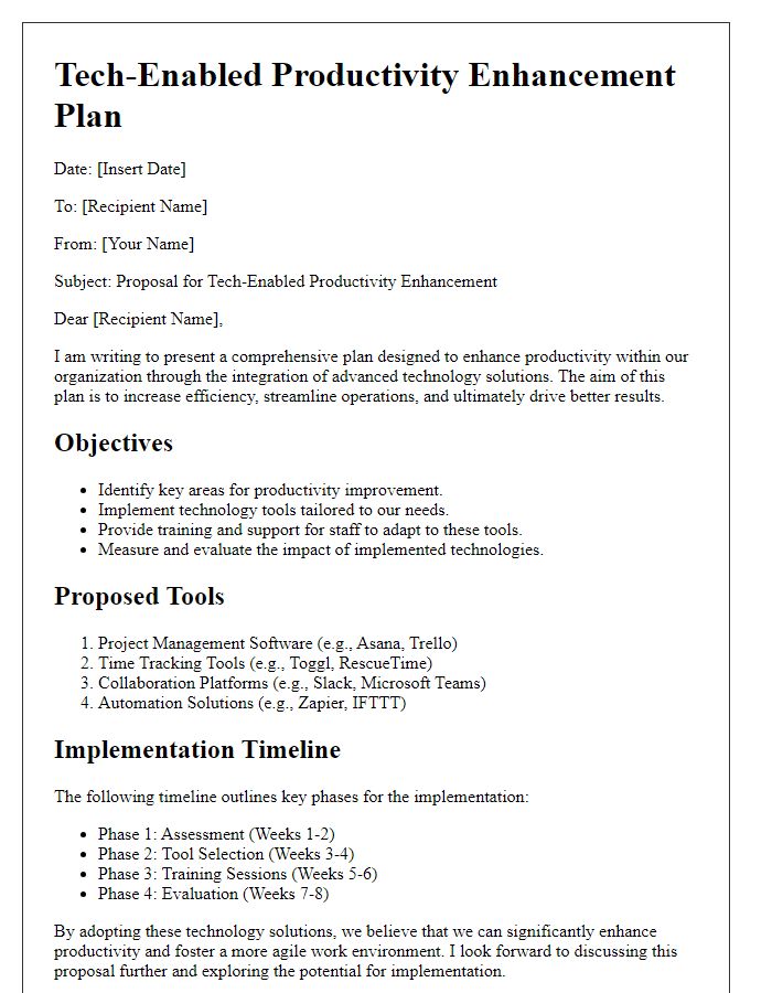 Letter template of tech-enabled productivity enhancement plan