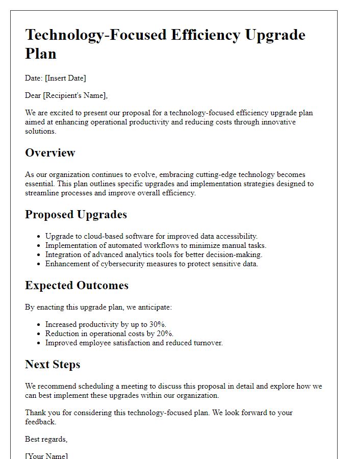 Letter template of technology-focused efficiency upgrade plan