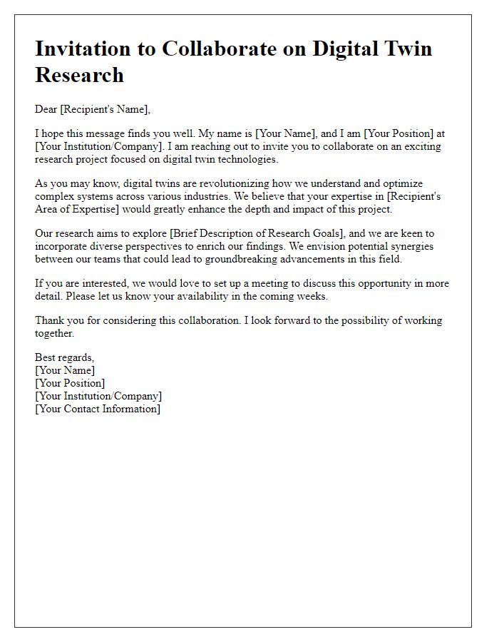 Letter template of collaboration invitation for digital twin research.