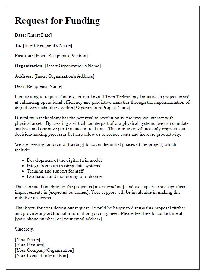 Letter template of funding request for digital twin technology initiative.