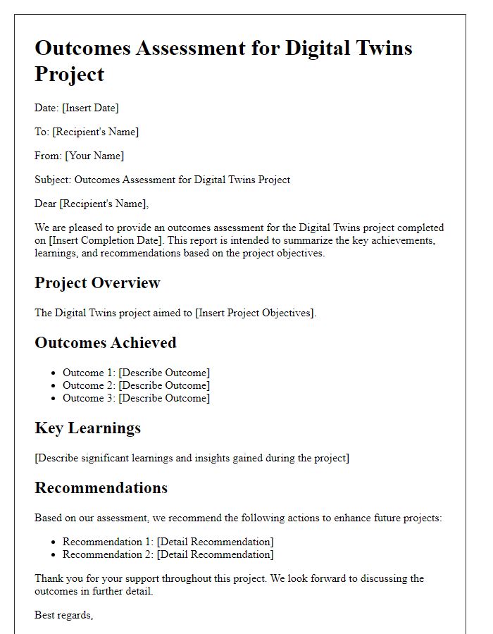 Letter template of outcomes assessment for digital twins project.