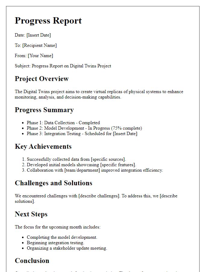 Letter template of progress report for ongoing digital twins project.